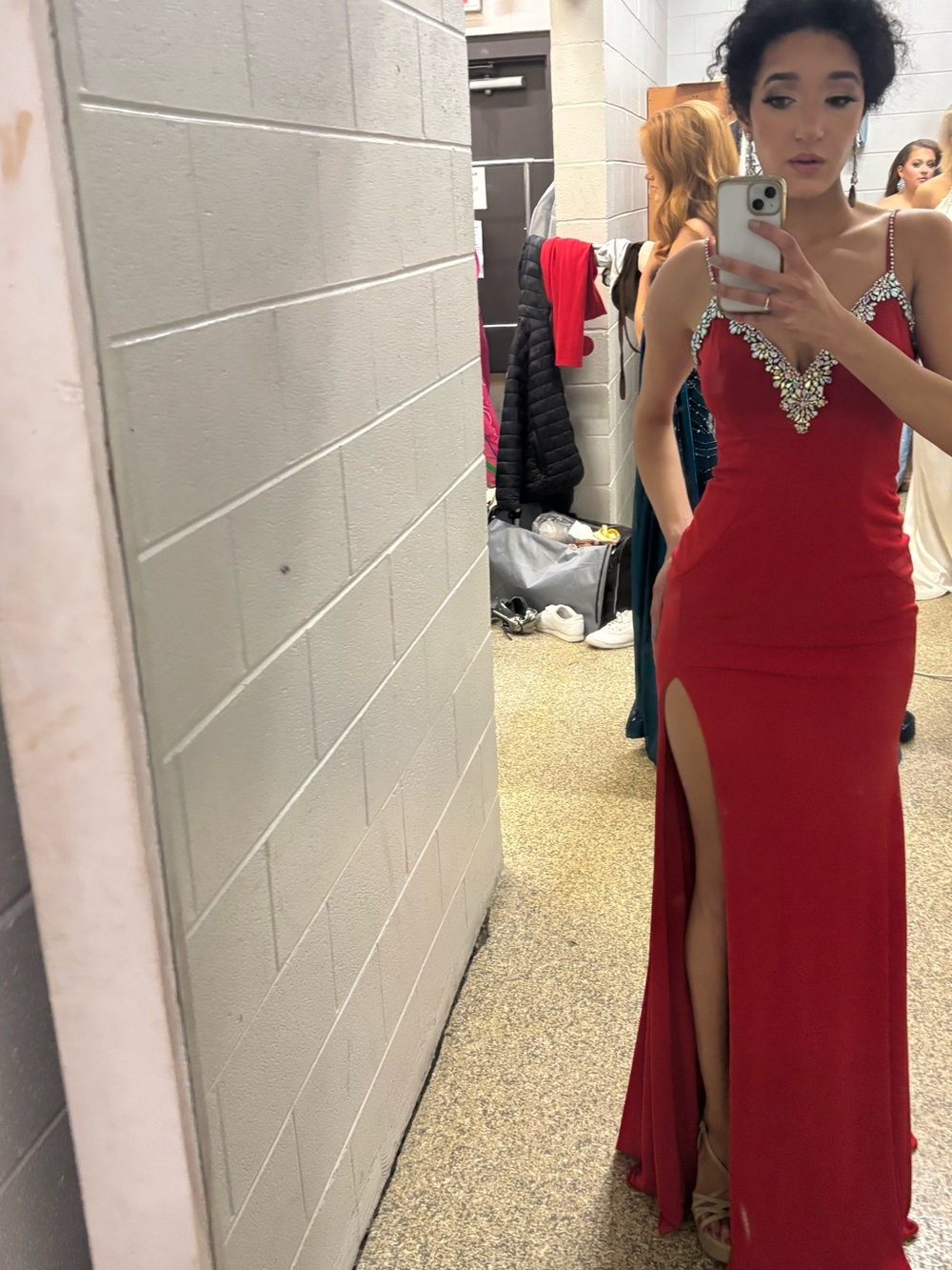 Jovani Red V-Neck Slit Pageant Gown
